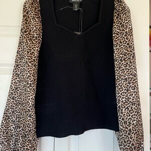 Bailey 44 Leopard Print Black Ribbed V-Neck Top